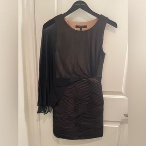 BCBG Maxazria cocktail mini black dress, asymmetrical sleeve, extra-small
